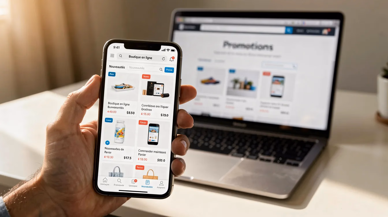 Hand holding smartphone displaying online store interface with laptop showing promotions page in background