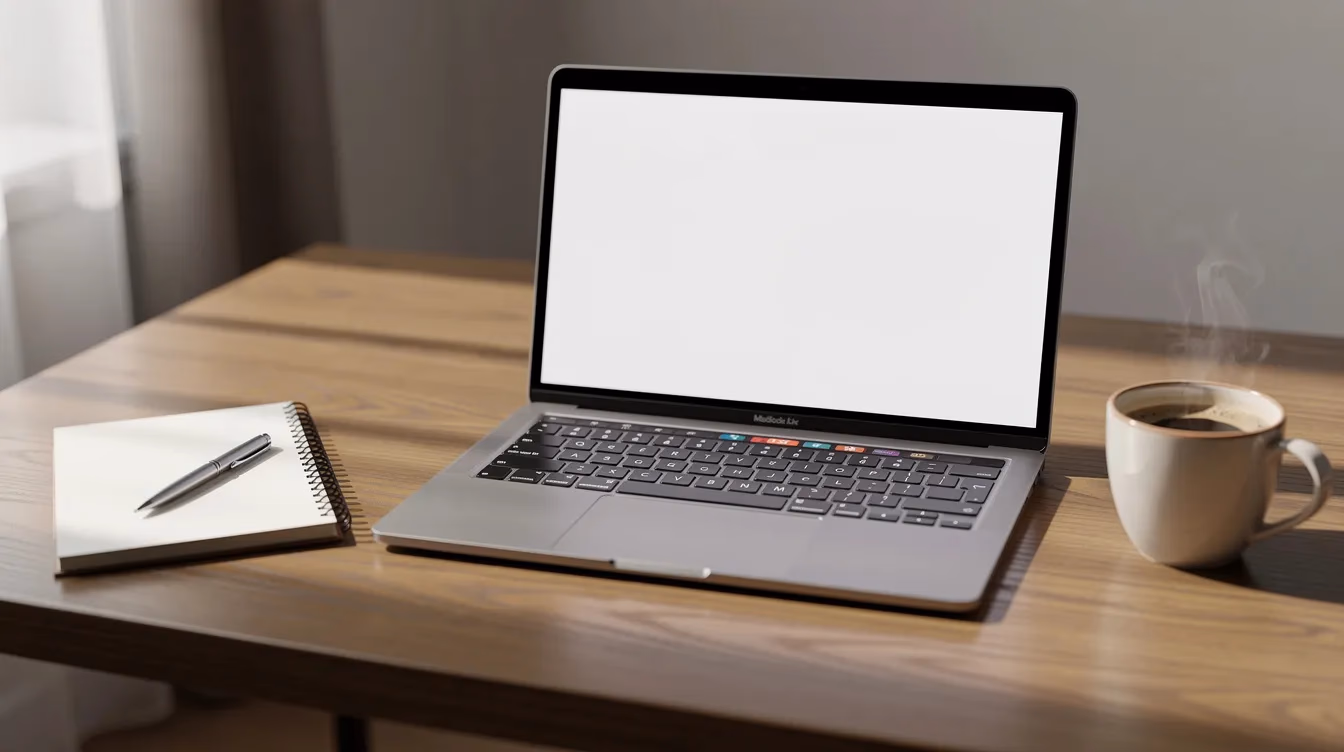 Open laptop with blank screen on wooden desk beside notebook, pen and coffee cup in modern workspace