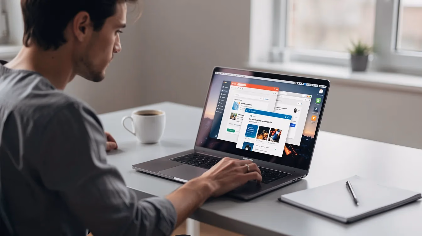 Person working on laptop with multiple browser windows open, coffee cup and notepad on white desk